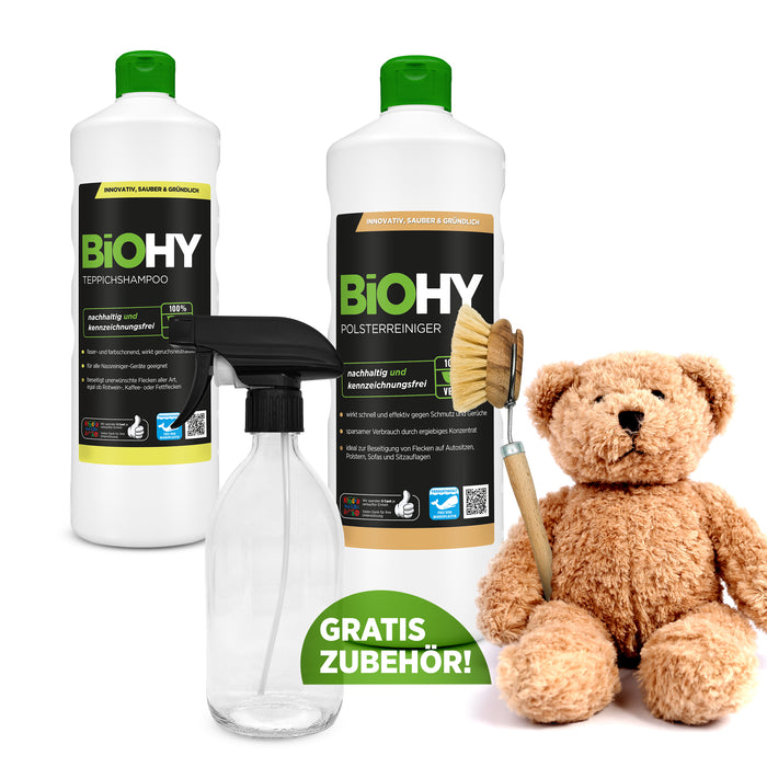 BiOHY cuddly soft set + accessories, upholstery cleaner, carpet cleaner, spray bottle, dish brush