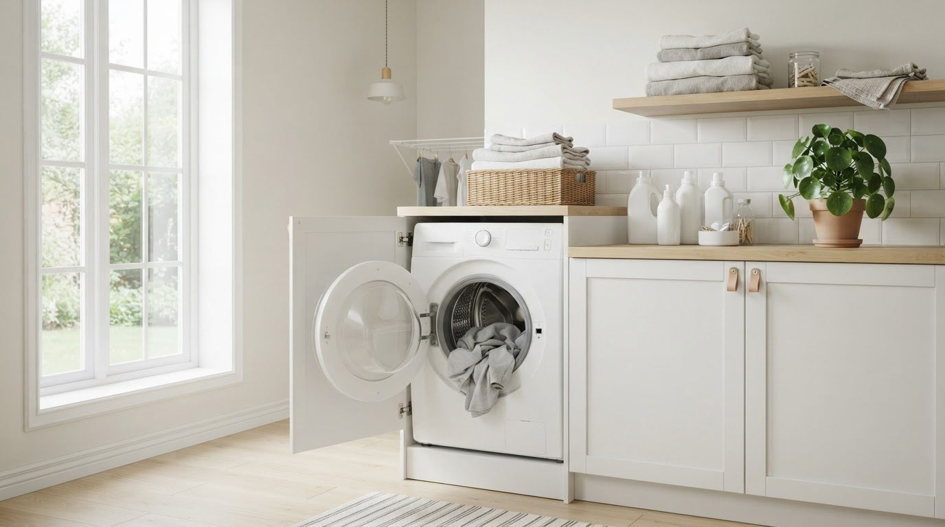 Helle, moderne Waschküche mit offener Waschmaschine – nachhaltig gereinigt