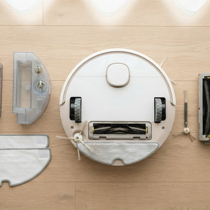 Wischroboter mit Wassertank, Wischpads und Bürste zur Reinigung ausgelegt