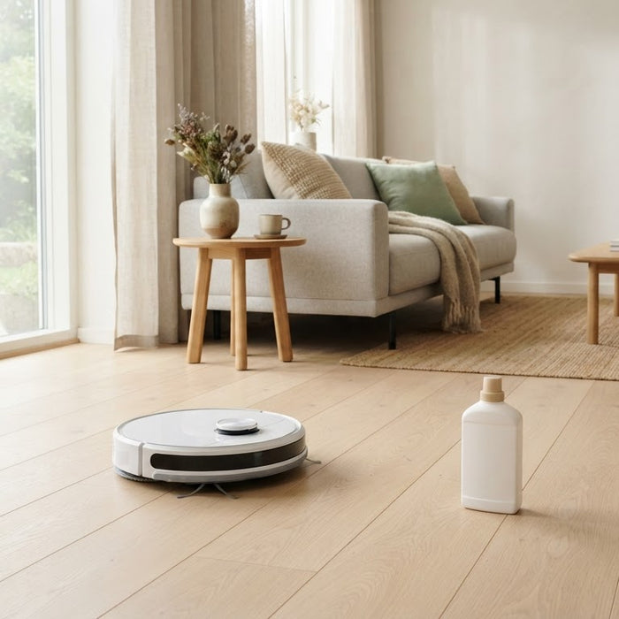 Wischroboter auf hellem Holzboden in einem hellen Wohnzimmer