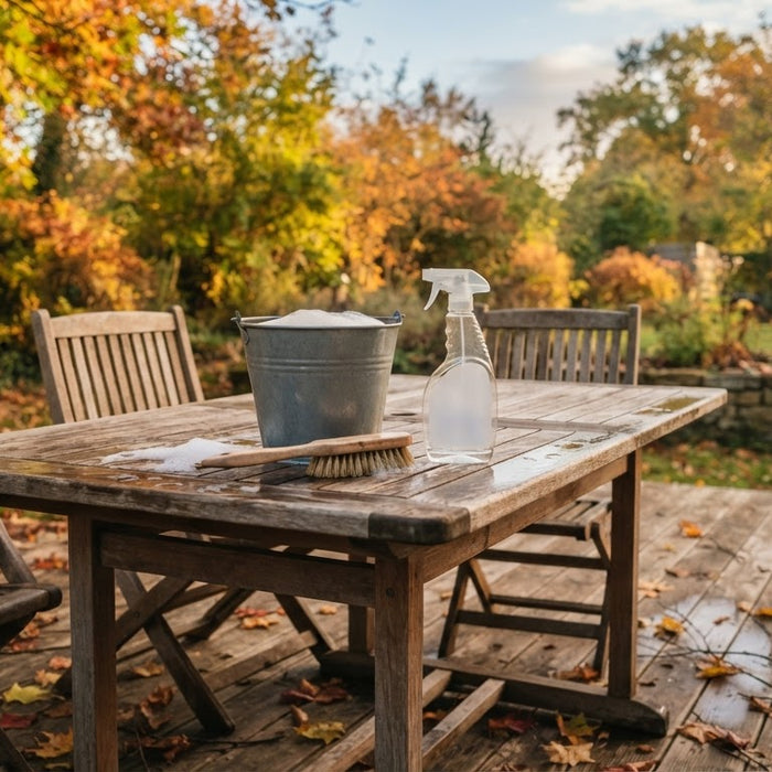 Holzterrasse im Herbst mit Gartenmöbeln, Eimer und Bürste zur Reinigung vor dem Winter