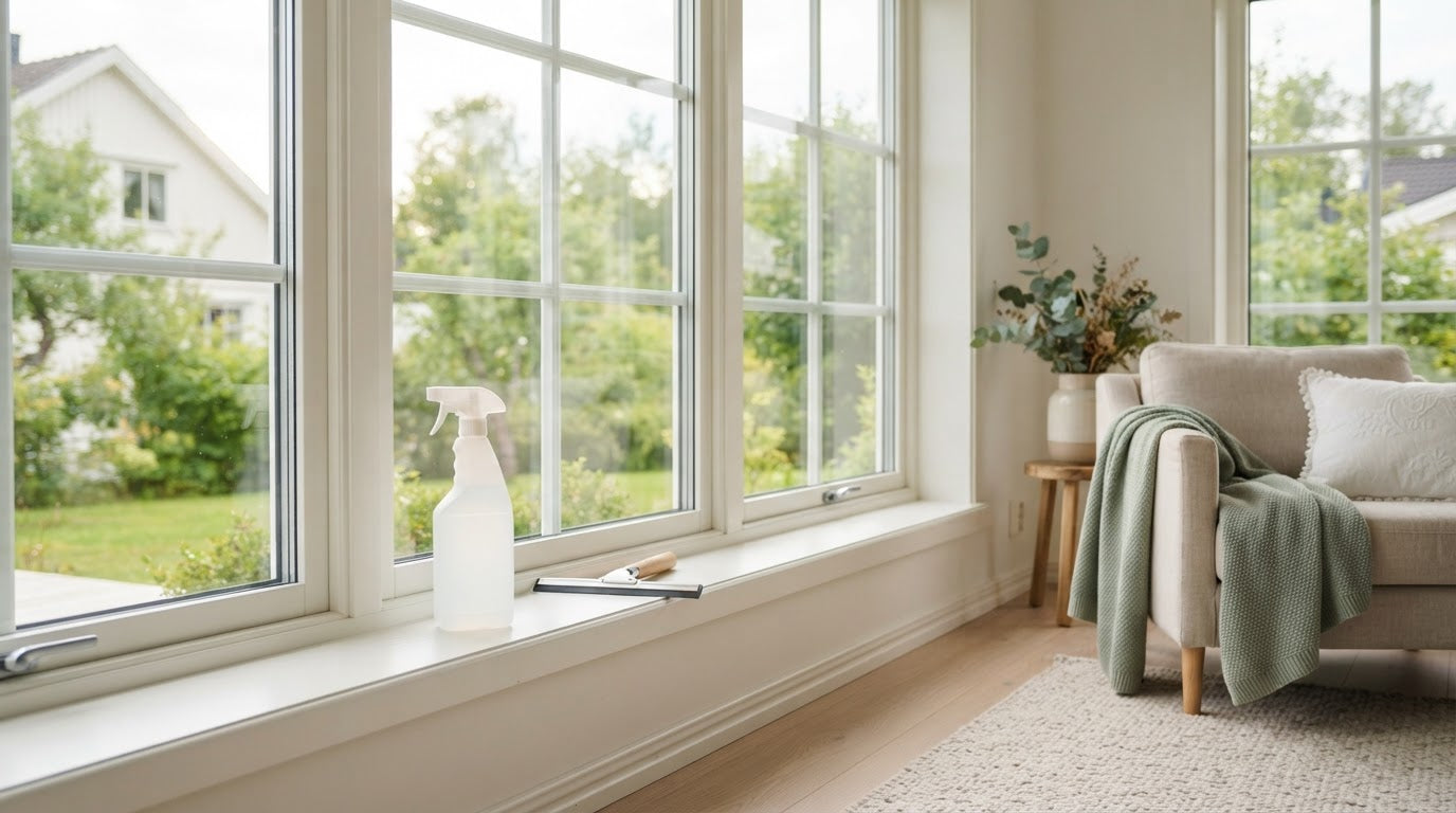 Streifenfrei geputzte Fenster mit Abzieher und unbeschrifteter Sprühflasche