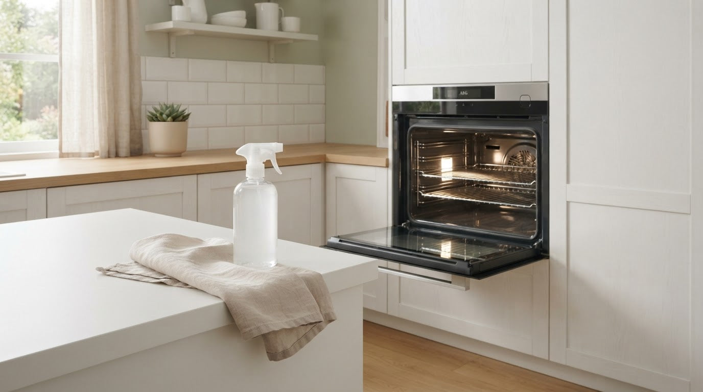 Sauberer offener Backofen in einer hellen Küche mit unbeschrifteter Sprühflasche