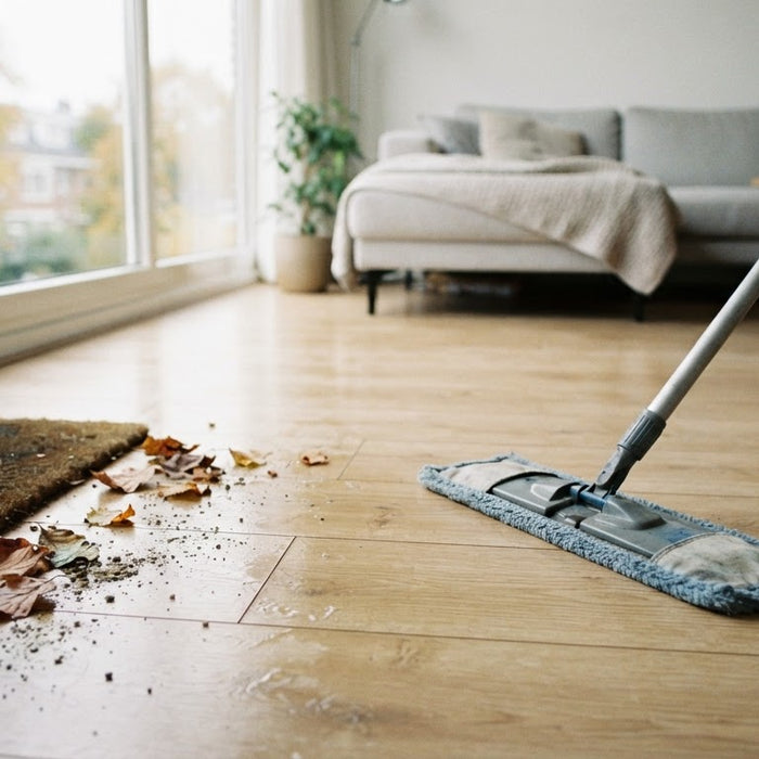 Heller Laminatboden in Eichenoptik mit Mikrofaser-Flachwischer im Herbstlicht