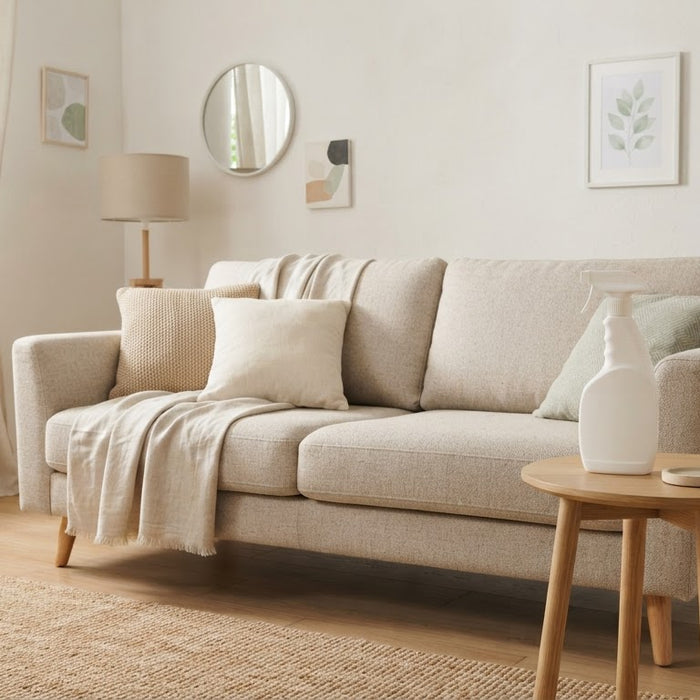 Helles Stoffsofa in einem hellen skandinavischen Wohnzimmer