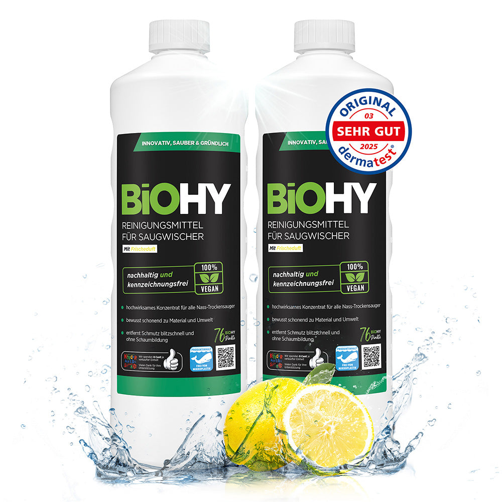 BiOHY cleaning agent for vacuum wipers, cleaners for wet and dry vacuum cleaners, floor care products, organic cleaners