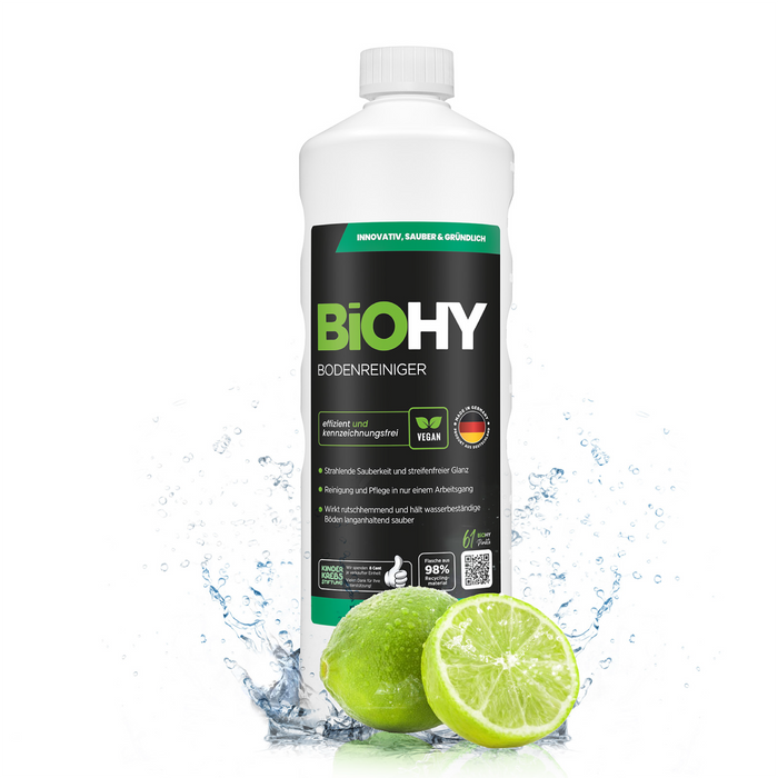 BiOHY Bodenreiniger 1 Liter – veganes Bio-Konzentrat für Fliesen, PVC, Stein und Laminat, streifenfrei und nicht schäumend