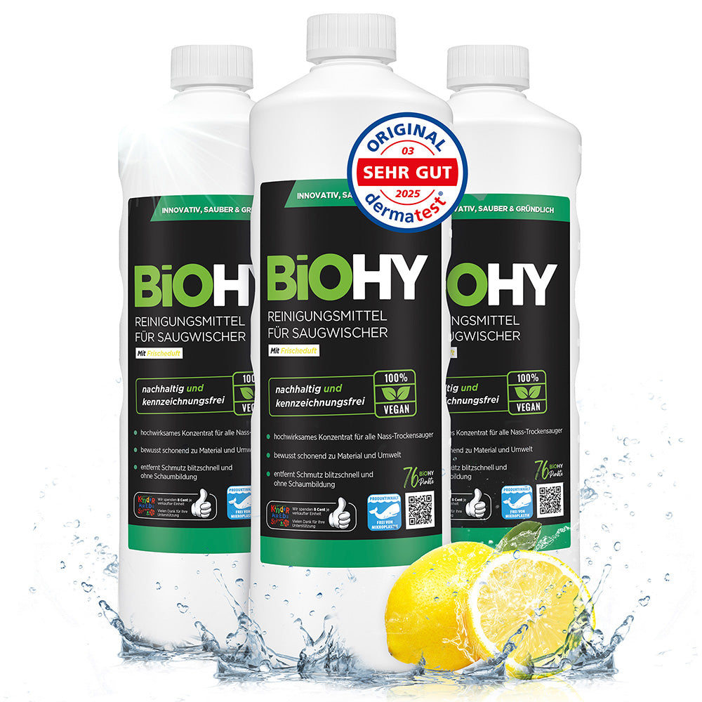 BiOHY cleaning agent for vacuum wipers, cleaners for wet and dry vacuum cleaners, floor care products, organic cleaners