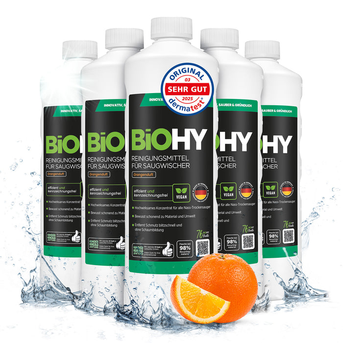 BiOHY Reiniger für Saugwischer mit Orangenduft – veganes Konzentrat für Tineco & Kärcher FC Saugwischer (Etikett mit Dosierhinweis)