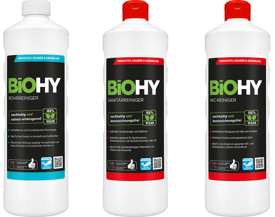 BiOHY Stilles-Örtchen-Komplett-Set, WC-Schwan, Sanitärreiniger, Rohrreiniger, Sprühflasche, Microfasertücher, Dosierer