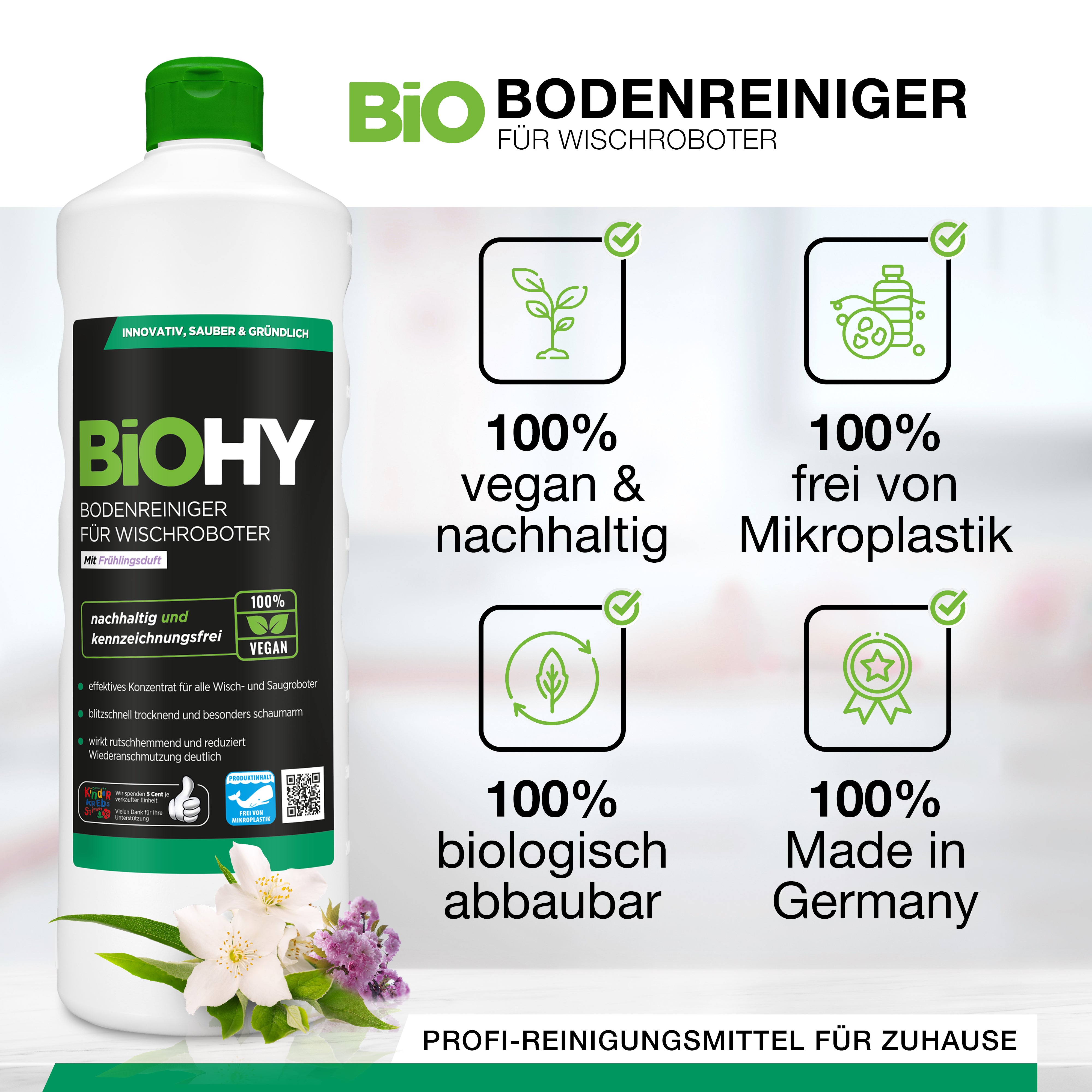 BiOHY Bodenreiniger für Wischroboter mit Frühlingsduft, Bio Reiniger, Bodenwischpflege, Nicht schäumender Bodenreiniger