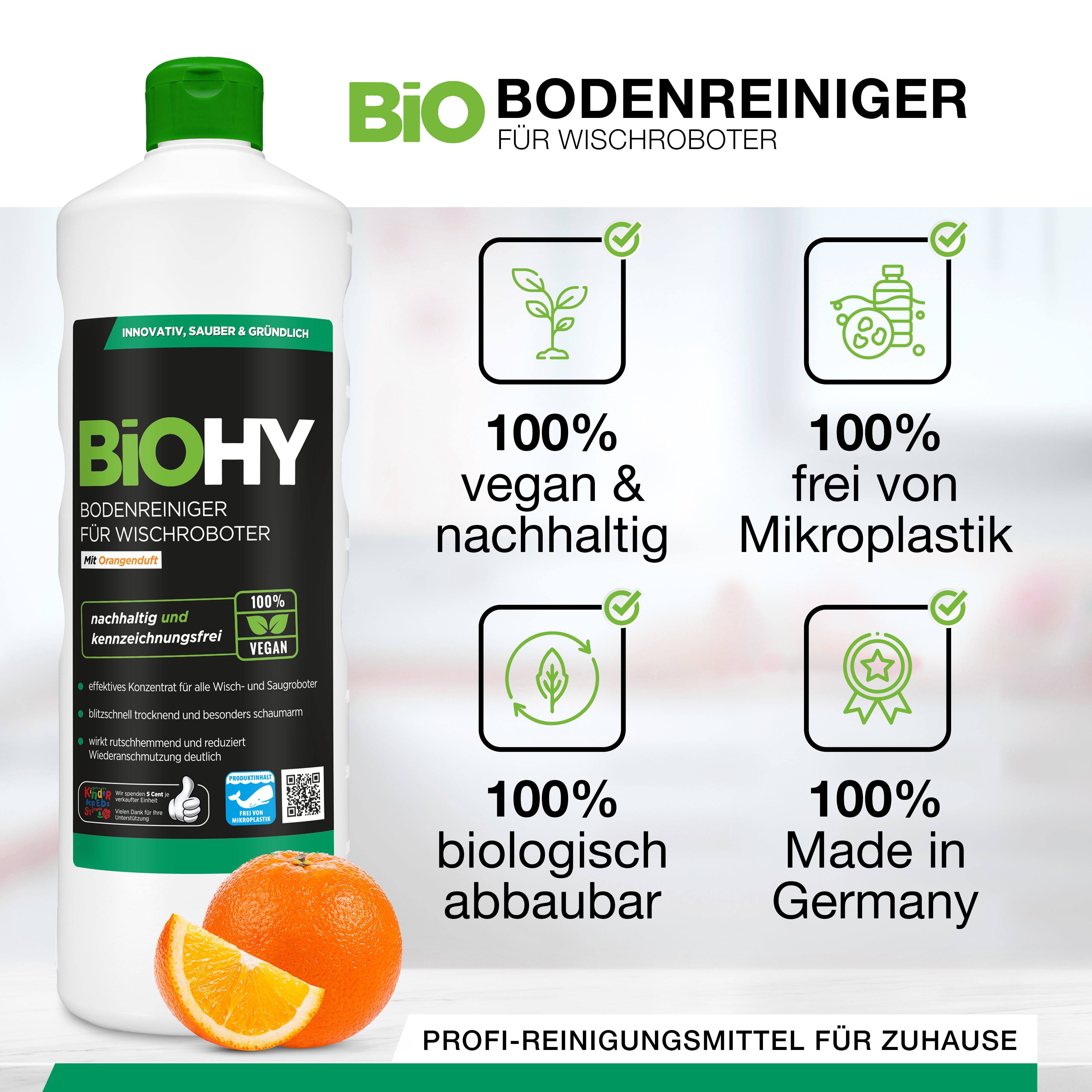 BiOHY Bodenreiniger für Wischroboter mit Orangenduft, Bio Reiniger, Bodenwischpflege, Nicht schäumender Bodenreiniger