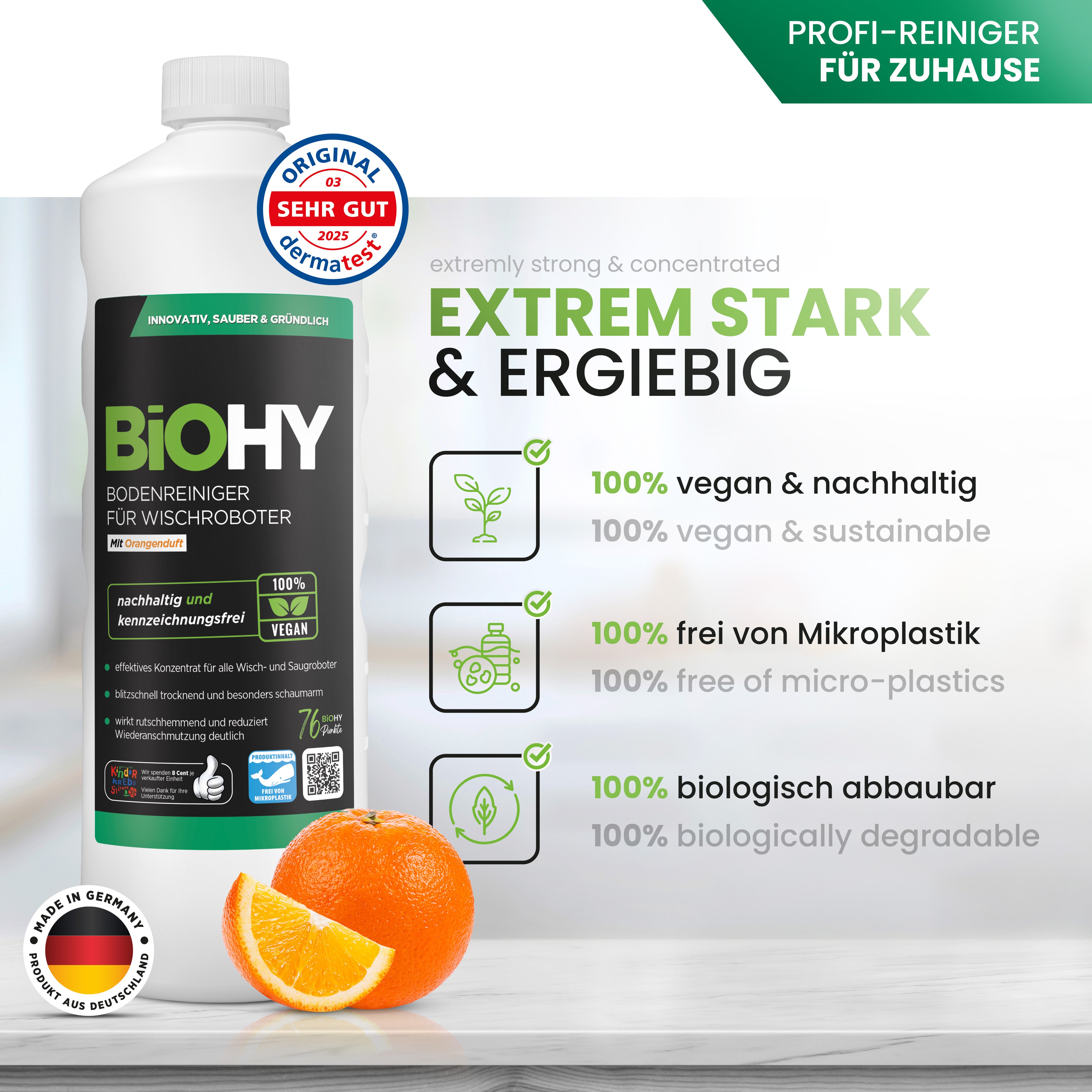 BiOHY Bodenreiniger für Wischroboter mit Orangenduft, Bio Reiniger, Bodenwischpflege, Nicht schäumender Bodenreiniger