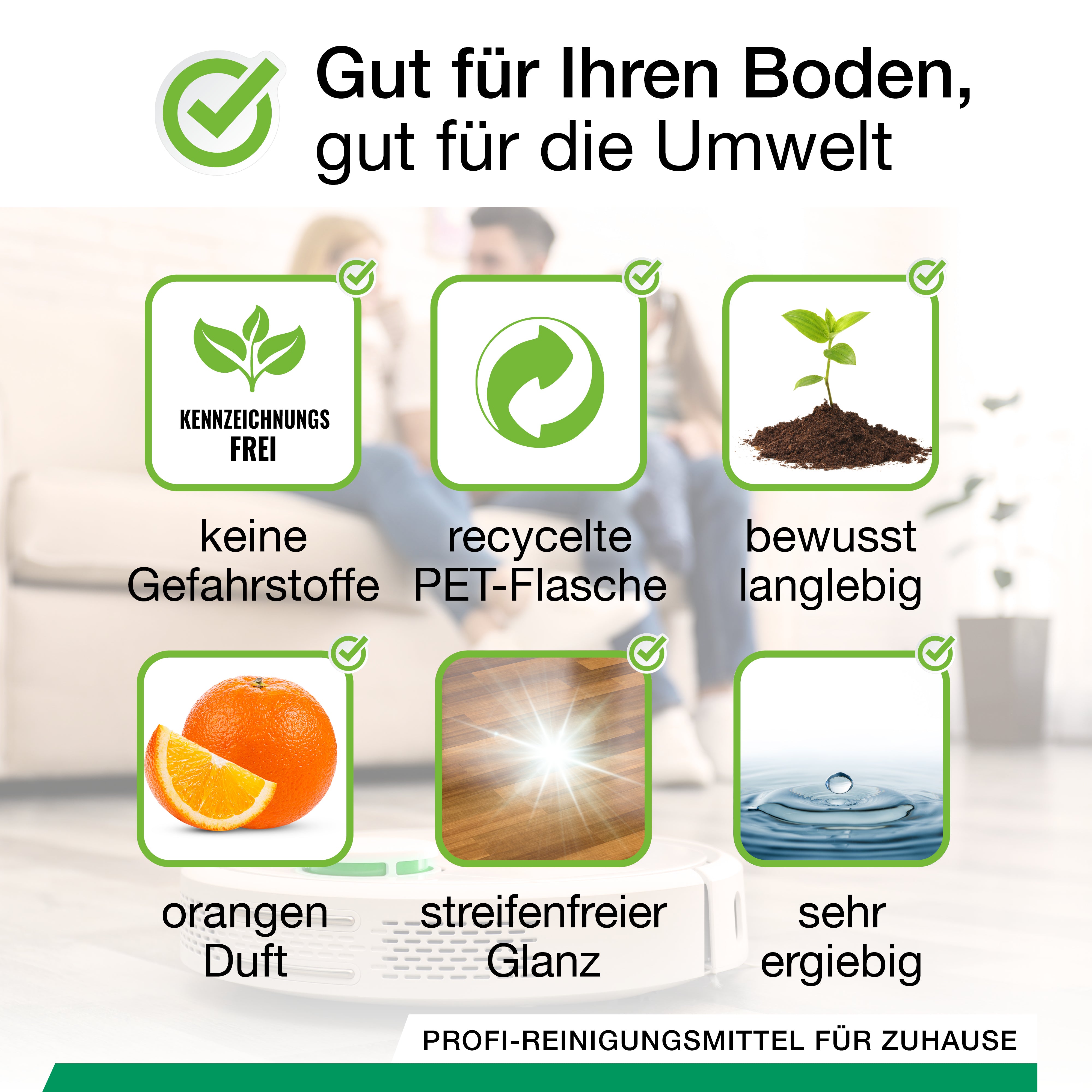 BiOHY Bodenreiniger für Wischroboter mit Orangenduft, Bio Reiniger, Bodenwischpflege, Nicht schäumender Bodenreiniger