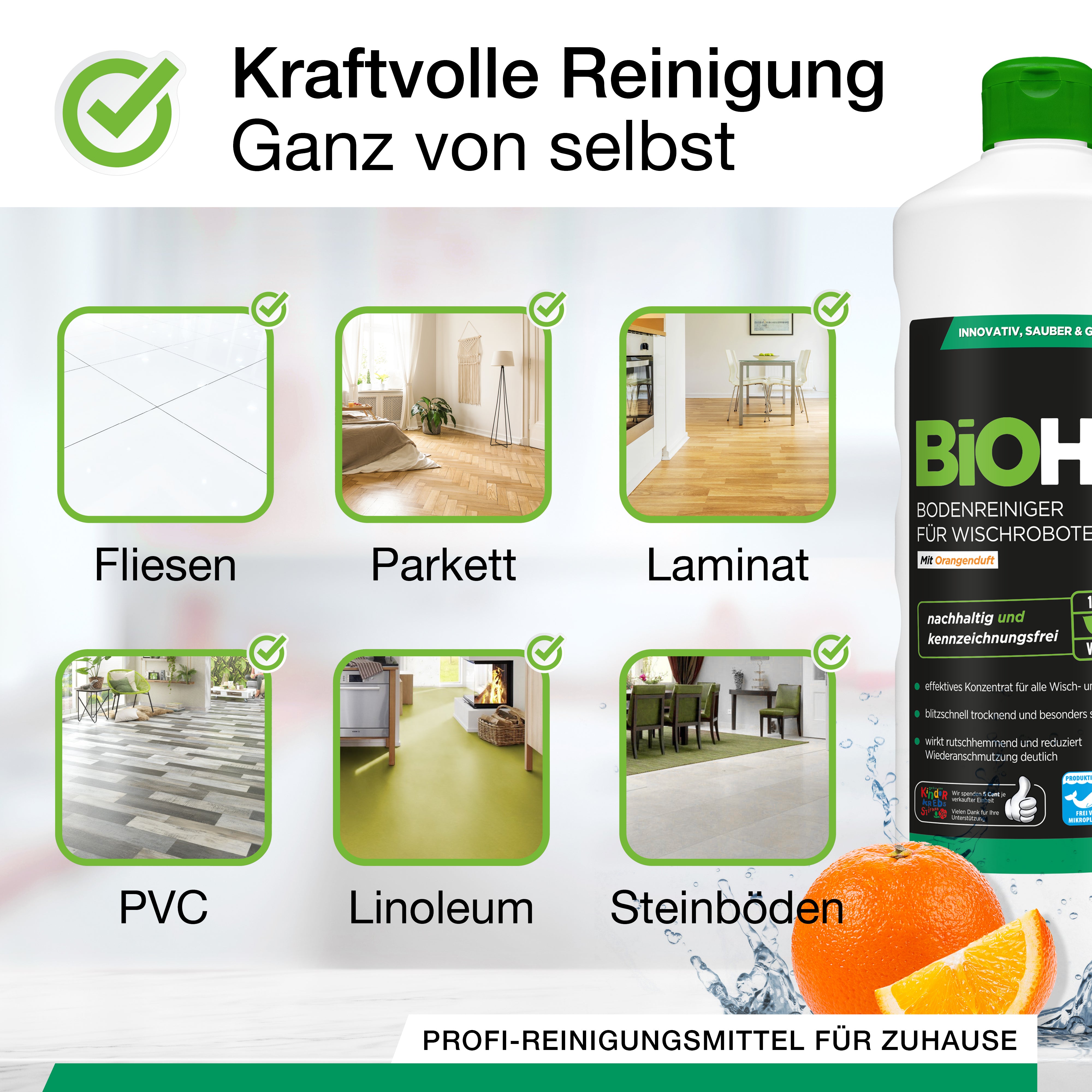 BiOHY Bodenreiniger für Wischroboter mit Orangenduft, Bio Reiniger, Bodenwischpflege, Nicht schäumender Bodenreiniger