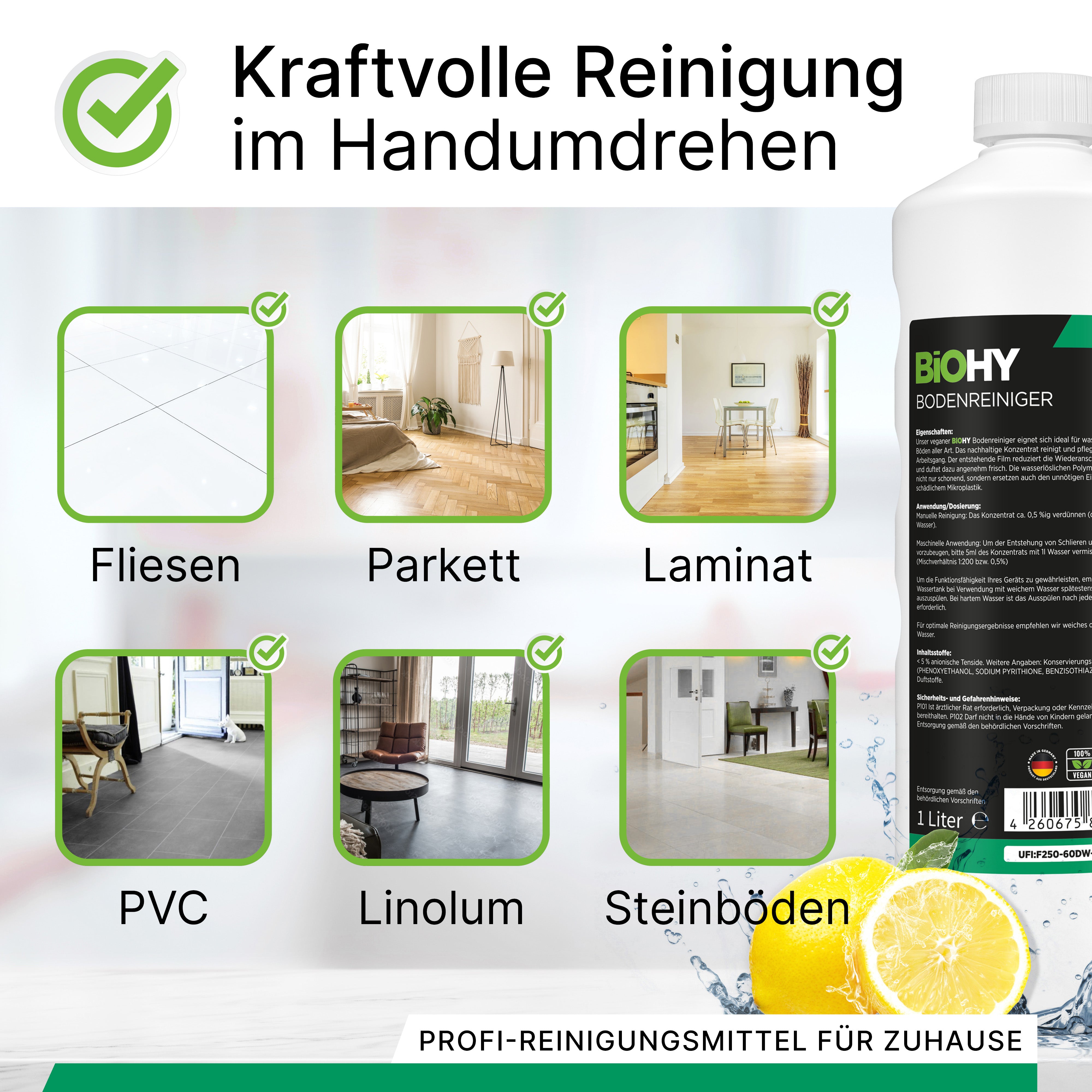 BiOHY Bodenreiniger, Fußbodenreiniger, Nicht schäumender Bodenreiniger, Bio-Konzentrat