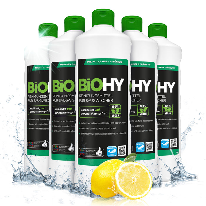 BiOHY cleaning agent for vacuum wipers, cleaners for wet and dry vacuum cleaners, floor care products, organic cleaners