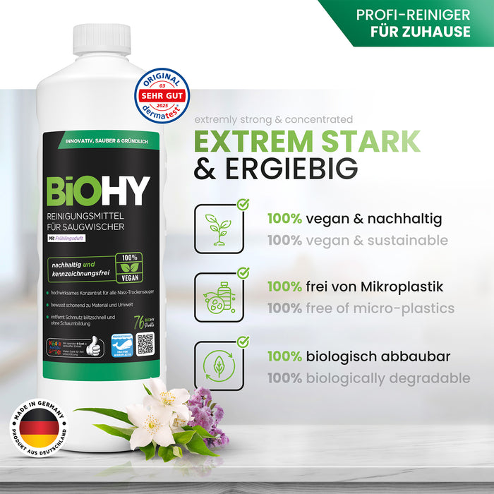 BiOHY cleaning agent for vacuum wipers, cleaners for wet and dry vacuum cleaners, floor care products, organic cleaners