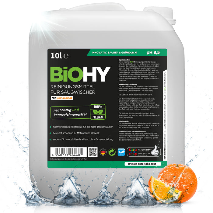 BiOHY cleaning agent for vacuum wipers, cleaners for wet and dry vacuum cleaners, floor care products, organic cleaners