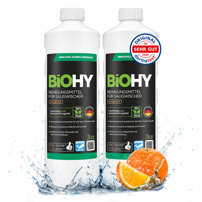 BiOHY cleaning agent for vacuum wipers, cleaners for wet and dry vacuum cleaners, floor care products, organic cleaners