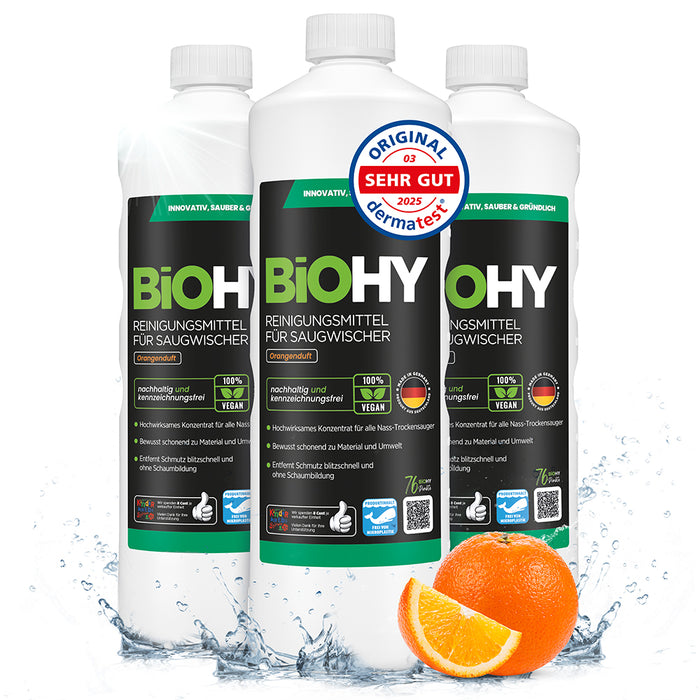 BiOHY cleaning agent for vacuum wipers, cleaners for wet and dry vacuum cleaners, floor care products, organic cleaners