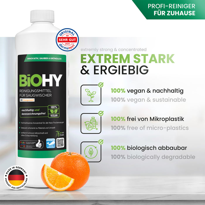 BiOHY Reinigungsmittel für Saugwischer mit Orangenduft, Reiniger für Nass- und Trockensauger, Bodenwischpflege, Bio Reiniger