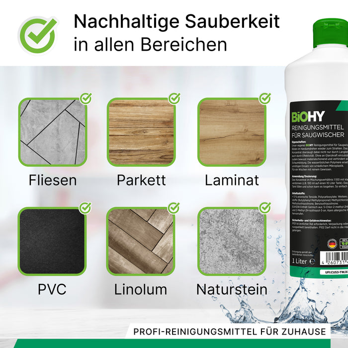 BiOHY cleaning agent for vacuum wipers, cleaners for wet and dry vacuum cleaners, floor care products, organic cleaners
