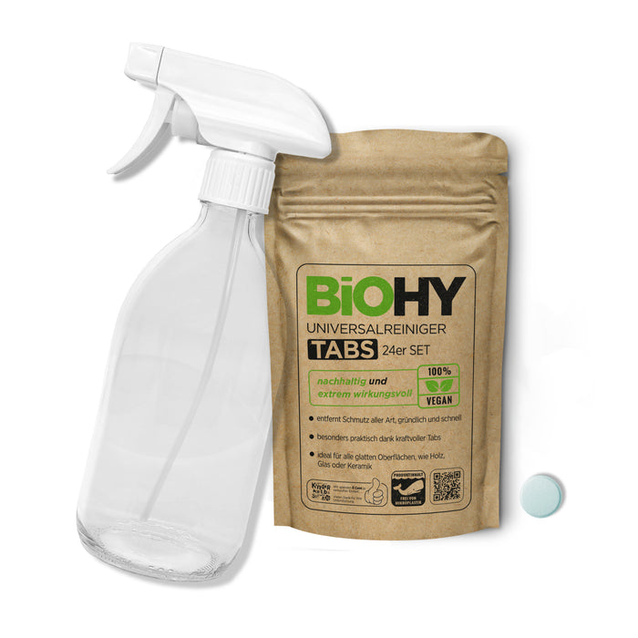 BiOHY Glasflaschen Set mit Universalreiniger Tabs, Putzmittel, Reinigungstabletten, Allzweck-Reiniger Tabs