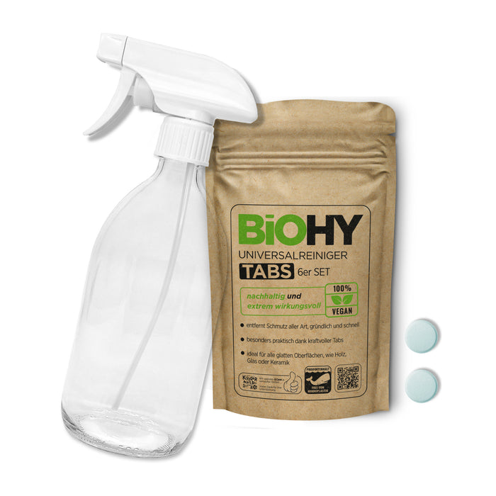 BiOHY Glasflaschen Set mit Universalreiniger Tabs, Putzmittel, Reinigungstabletten, Allzweck-Reiniger Tabs