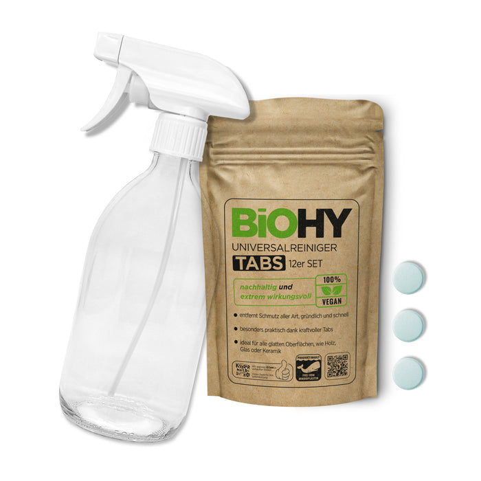 BiOHY Glasflaschen Set mit Universalreiniger Tabs, Putzmittel, Reinigungstabletten, Allzweck-Reiniger Tabs