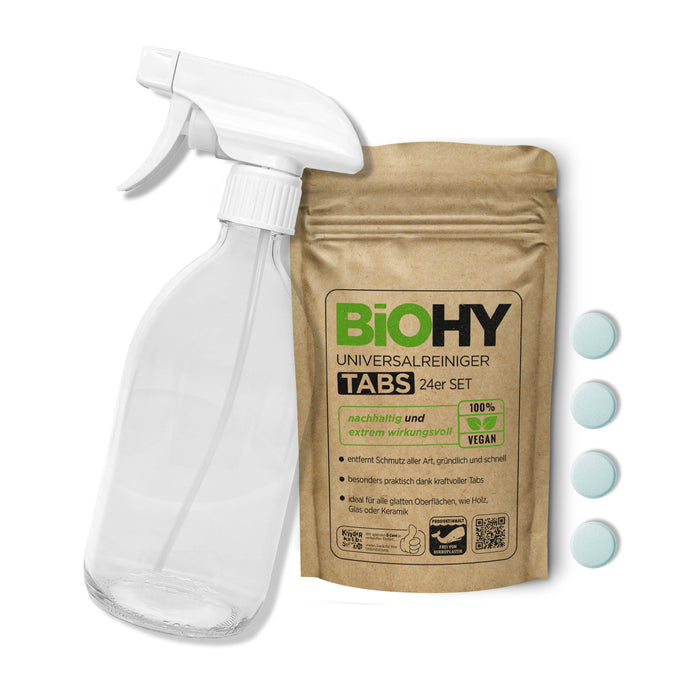 BiOHY Glasflaschen Set mit Universalreiniger Tabs, Putzmittel, Reinigungstabletten, Allzweck-Reiniger Tabs