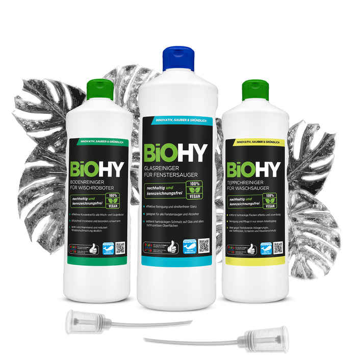 BiOHY Hightech-Set + Zubehör, Bodenreiniger für Wischroboter, Glasreiniger für Fenstersauger, Teppichreiniger für Waschsauger, Dosierer