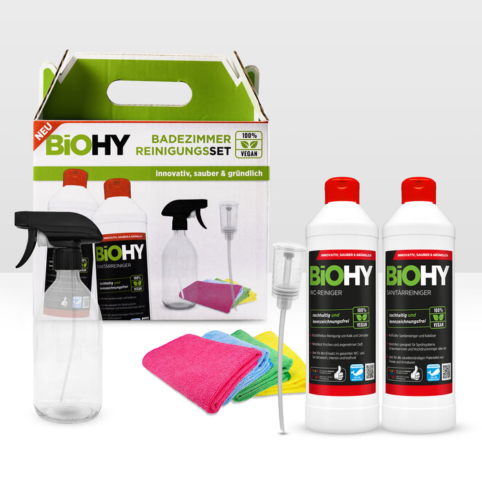 Set per la pulizia del bagno BiOHY, detergente per WC, detergente per sanitari, flacone spray in vetro, dispenser, panno in microfibra 4 pezzi