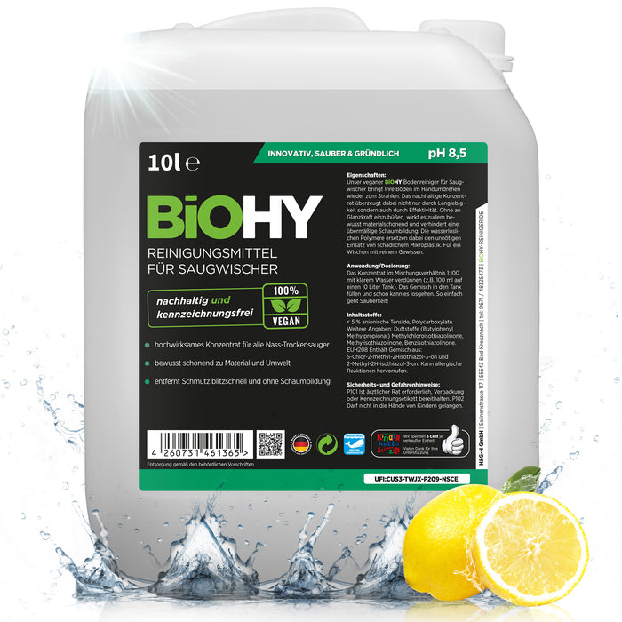 Detergente BiOHY per tergicristalli aspiranti 10 litri, aspirapolvere a umido e a secco, cura dei pavimenti, detergente brillante