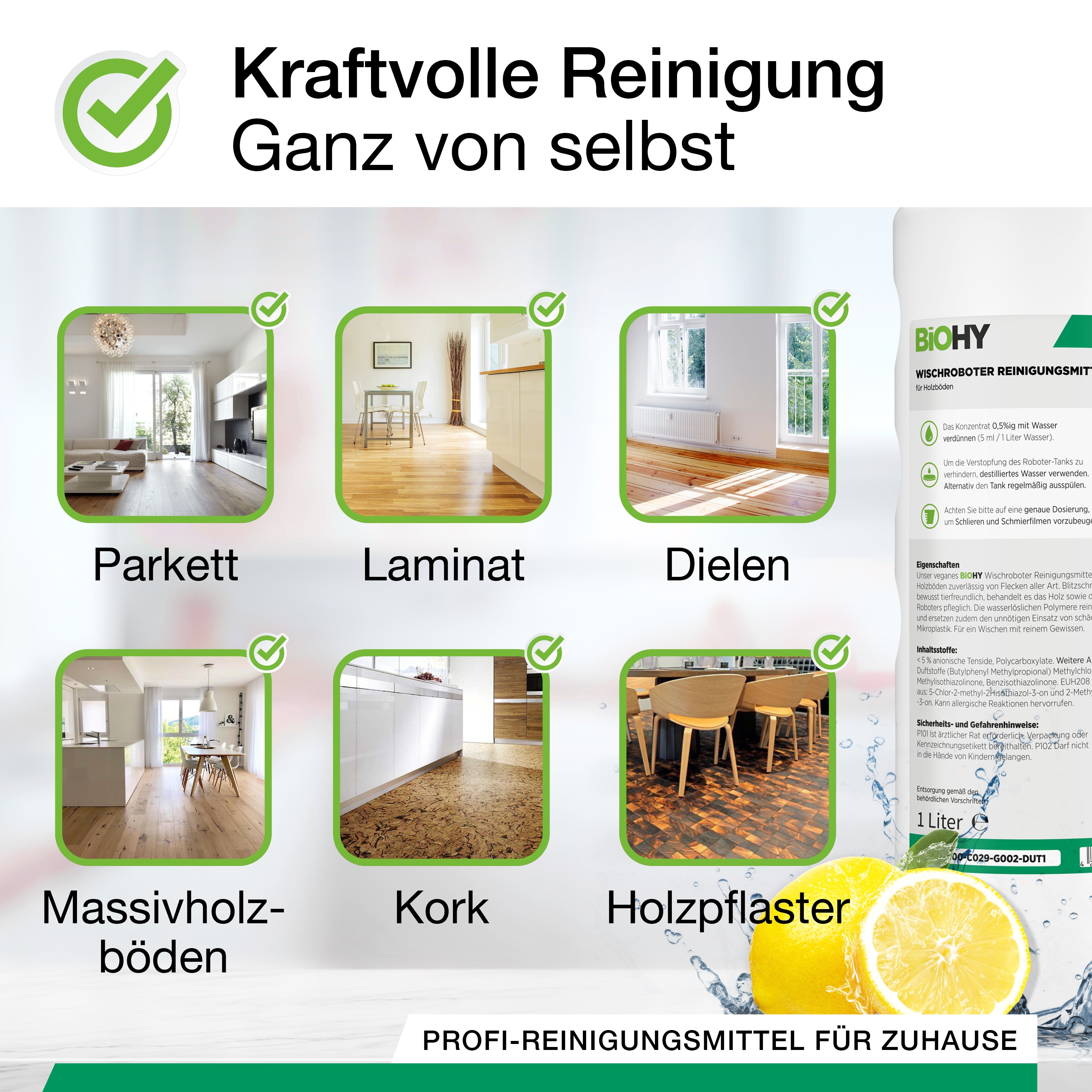 BiOHY Wischroboter Reinigungsmittel für Holzböden, Reiniger für Wischroboter, Nicht schmäumender Bodenreiniger, Bio-Konzentrat